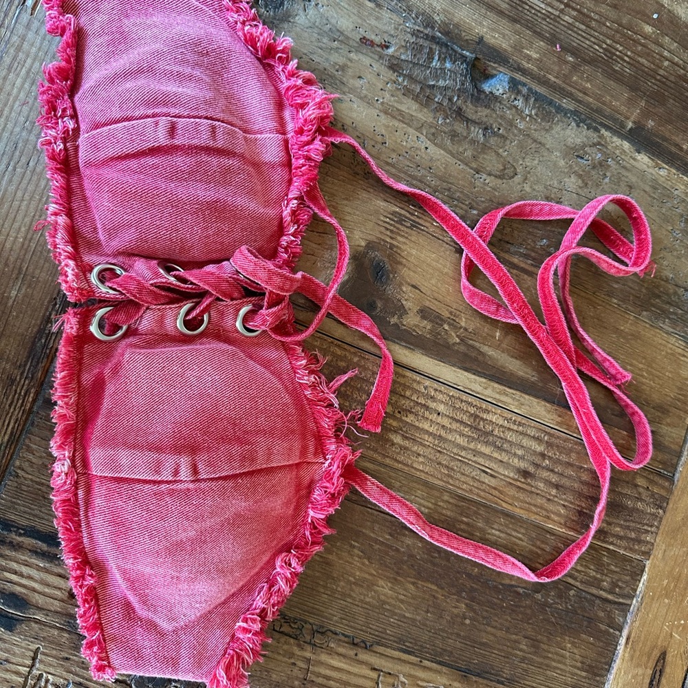 Fashion Nova Small Red Denim Lace Up Frayed Bikini Top Neck Tie Padded